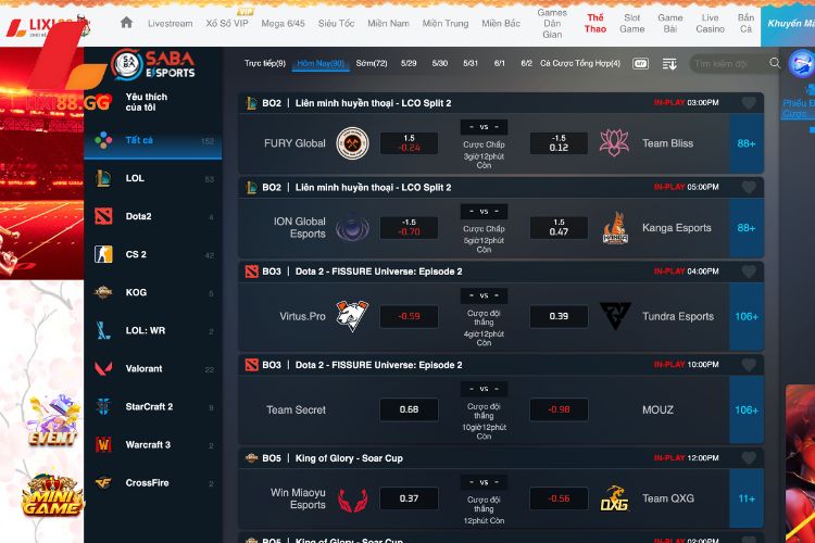 Tổng hợp các sảnh chơi có tại thể thao Lixi88